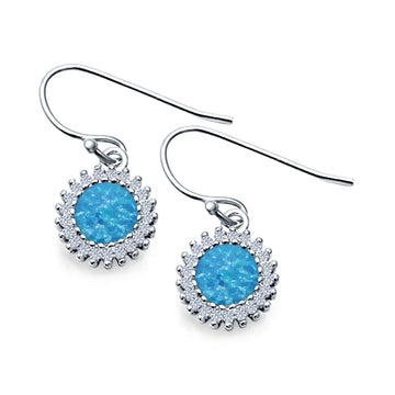 Halo Drop Dangle Fish-Hook Earrings Round Lab Created Blue Opal 925 Sterling Silver